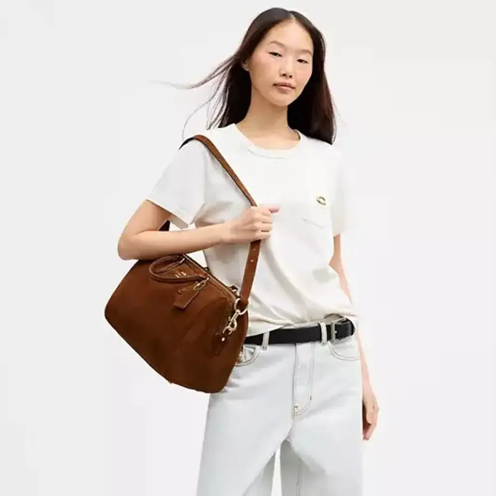NEW‼️Coach Rowan Large Satchel Bag CET42 suede/Gold/Warm Brown